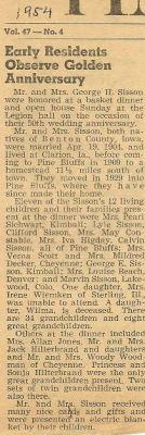 Click to view full size image
==============
Sisson Golden Anniversary
This was shared by Tammy Jorgensen.
George Harvey Sisson and Orrie Braytonette Barton Sisson "Golden Anniversary"
1954
Sisson Golden Anniversary
This was shared by Tammy Jorgensen.
George Harvey Sisson and Orrie Braytonette Barton Sisson "Golden Anniversary"
1954
