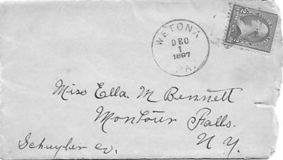Ella M. Bennett Letter

This Letter was shared by Annette Ponto.

This Letter was Sent to Miss Ella M. Bennett, Montour Falls, New York in 1897.

The Letter is discussing a Possible Elopement.

The Envelope of the Letter.
