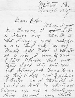 Ella M. Bennett

This Letter was shared by Annette Ponto.

This Letter was Sent to Miss Ella M. Bennett, Montour Falls, New York in 1897.

The Letter is discussing a Possible Elopement.

Page 1 of Letter. 
