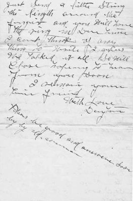 Ella M. Bennett

This Letter was shared by Annette Ponto.

This Letter was Sent to Miss Ella M. Bennett, Montour Falls, New York in 1897.

The Letter is discussing a Possible Elopement.

Page 4 of Letter.
