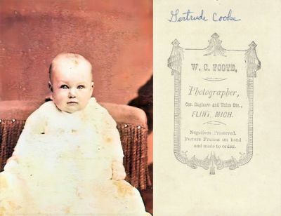 Click to view full size image
==============
Gertrude Cooke
This CdV Photograph is being Shared by Kate Flanagan.
This CdV Photograph States: "Gertrude Cooke".
The Photographers name is "W. C. Foote", Flint, Michigan.
Gertrude Cooke
This CdV Photograph is being Shared by Kate Flanagan.
This CdV Photograph States: "Gertrude Cooke".
The Photographers name is "W. C. Foote", Flint, Michigan.