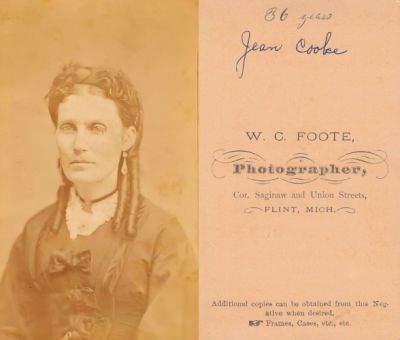 Click to view full size image
==============
Jean Cooke, 36 Years
This CdV Photograph is being Shared by Kate Flanagan.
This CdV Photograph States: "Jean Cooke, 36 Years".
The Photographers name is "W. C. Foote", Flint, Michigan.
Jean Cooke, 36 Years
This CdV Photograph is being Shared by Kate Flanagan.
This CdV Photograph States: "Jean Cooke, 36 Years".
The Photographers name is "W. C. Foote", Flint, Michigan.