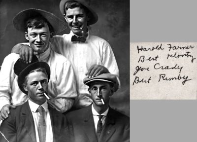 Harold Farmer, Bert Klontz, Joe Crady & Bery Rimby

THIS PHOTO IS BEING SHARED

This Photo is Identified as "Olla Bert "Dutch" Klontz."

The Reverse side of this Photo States: "Harold Farmer, Bert Klontz, Joe Crady & Bert Rimby."

