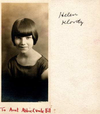 Click to view full size image
==============
Helen Klontz
THIS HAS BEEN RETURNED TO FAMILY
The Front of this Photo States: "To Aunt Abbie & Bill"
The Back of this Photo States: "Helen Klontz"
Helen Klontz
THIS HAS BEEN RETURNED TO FAMILY
The Front of this Photo States: "To Aunt Abbie & Bill"
The Back of this Photo States: "Helen Klontz"