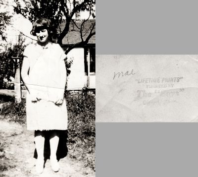 Mae

THIS PHOTO IS BEING SHARED

The Reverse side of this Photo States: "Mae."

This Photo was processed by "Lifetime Prints", Girard, Kansas.
