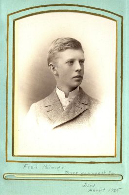 Fred Palmer

This was Shared by a anonymous member.

This Cabinet Card Photo States: "Fred Palmer, their youngest son. Died about 1935"
