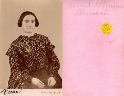 Click to view full size image
==============
Elleanor Stewart
This was Donated by Cheryl Webber/The Terry Girls Genealogy.
This Cabinet Card Photo States: "Aunt Elleanor Stewart"
The Photographers name is "Dunn", Meadville, Pennsylvania
Elleanor Stewart
This was Donated by Cheryl Webber/The Terry Girls Genealogy.
This Cabinet Card Photo States: "Aunt Elleanor Stewart"
The Photographers name is "Dunn", Meadville, Pennsylvania