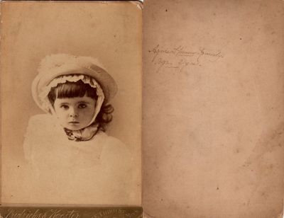 Click to view full size image
==============
Agnes Spancer Kennedy
This was Donated by Cheryl Webber/The Terry Girls Genealogy.
This Cabinet Card Photo States: "Agnes Spancer Kennedy, Age 2---2 years"
The Photographers name is "Fredericks & Koester", St. Paul, Minnesota.
Agnes Spancer Kennedy
This was Donated by Cheryl Webber/The Terry Girls Genealogy.
This Cabinet Card Photo States: "Agnes Spancer Kennedy, Age 2---2 years"
The Photographers name is "Fredericks & Koester", St. Paul, Minnesota.