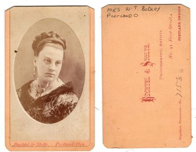 Click to view full size image
==============
Mrs. W. T. Bockley
This was Donated by Cheryl Webber/The Terry Girls Genealogy.
This CdV Photograph States: "Mrs. W. T. Bodley, Portland, Oregon"
The Photographers name is "Buchtel & Stolte", Portland, Oregon.
Mrs. W. T. Bockley
This was Donated by Cheryl Webber/The Terry Girls Genealogy.
This CdV Photograph States: "Mrs. W. T. Bodley, Portland, Oregon"
The Photographers name is "Buchtel & Stolte", Portland, Oregon.