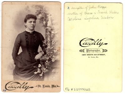 Caroline Sophia Roegge Weber

This was Donated by Cheryl Webber/The Terry Girls Genealogy.

This Cabinet Card Photo States: "Daughter of John Roegge, Mother of Clara & Frank Weber, Caroline Sophia Weber"

The Photographers name is "Cassilly", St. Louis, Missouri

