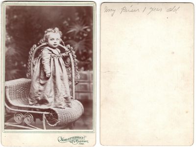 Click to view full size image
==============
Mary Priser
This was Donated by Cheryl Webber/The Terry Girls Genealogy.
This Cabinet Card Photo States: "May Priser, 1 year old"
The Photographers name is "Schlotterback", Elkhart, Indiana
Mary Priser
This was Donated by Cheryl Webber/The Terry Girls Genealogy.
This Cabinet Card Photo States: "May Priser, 1 year old"
The Photographers name is "Schlotterback", Elkhart, Indiana