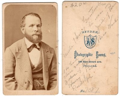 Click to view full size image
==============
Henry Avery Gantenbein
THIS HAS BEEN RETURNED TO FAMILY
This was Donated by Cheryl Webber/The Terry Girls Genealogy.
This CdV Photograph States: "Uncle Henry Avery Gantenbein. He was Justice of Peace, Pasco, Washington. He had three sons, John of Kelso, Henry of Pasco & Rudolph."
The Photographers name is "Snyder", Philadelphia, Pennsylvania.
Henry Avery Gantenbein
THIS HAS BEEN RETURNED TO FAMILY
This was Donated by Cheryl Webber/The Terry Girls Genealogy.
This CdV Photograph States: "Uncle Henry Avery Gantenbein. He was Justice of Peace, Pasco, Washington. He had three sons, John of Kelso, Henry of Pasco & Rudolph."
The Photographers name is "Snyder", Philadelphia, Pennsylvania.