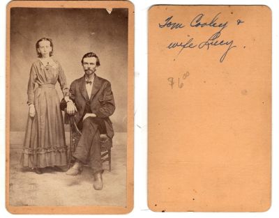 Click to view full size image
==============
Tom & Lucy Cooley
This was Donated by Cheryl Webber/The Terry Girls Genealogy.
This CdV Photograph States: "Tom Cooley & wife Lucy"
Tom & Lucy Cooley
This was Donated by Cheryl Webber/The Terry Girls Genealogy.
This CdV Photograph States: "Tom Cooley & wife Lucy"