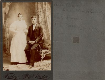 Click to view full size image
==============
Frank Edwin Dronenberg & Lillian I. "Lillie" Dronenberg Wedding Photo
THIS HAS BEEN RETURNED TO FAMILY
This was Donated by Cheryl Webber/The Terry Girls Genealogy.
This Cabinet Card Photo States: "Aunt Lillie, (Lillian (Bronson) Dronenberg & Uncle Frank when married 1894/95"
The Photographers name is "Farley Studio"
Frank Edwin Dronenberg & Lillian I. "Lillie" Dronenberg Wedding Photo
THIS HAS BEEN RETURNED TO FAMILY
This was Donated by Cheryl Webber/The Terry Girls Genealogy.
This Cabinet Card Photo States: "Aunt Lillie, (Lillian (Bronson) Dronenberg & Uncle Frank when married 1894/95"
The Photographers name is "Farley Studio"