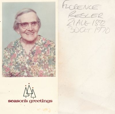Florence Resler

This Christmas Card Photo States: " Season Greetings, Florence Resler, 21 August 1892 to 30 October 1970."


