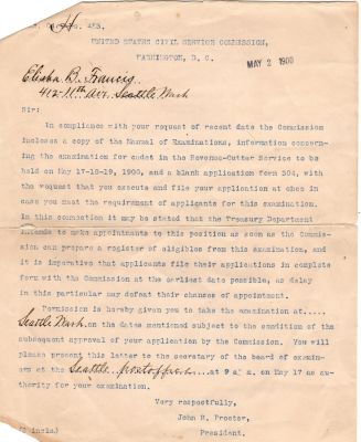 Click to view full size image
==============
Elisha B. Francis
This was Donated by Cheryl Webber/The Terry Girls Genealogy.
Letter from the United States Civil Service Commission, Washington, D.C. to Elisha B. Francis. Letter Dated 2 May 1900.
Elisha B. Francis
This was Donated by Cheryl Webber/The Terry Girls Genealogy.
Letter from the United States Civil Service Commission, Washington, D.C. to Elisha B. Francis. Letter Dated 2 May 1900.