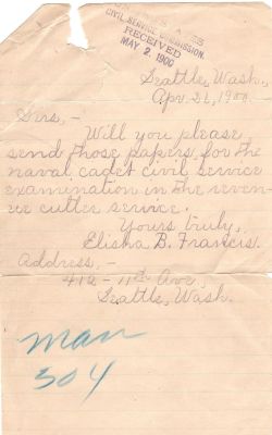 Click to view full size image
==============
Elisha B. Francis
This was Donated by Cheryl Webber/The Terry Girls Genealogy.
Letter written to the United States Civil Service Commission by Elisha B. Francis. Letter Dated 26 April 1900
Elisha B. Francis
This was Donated by Cheryl Webber/The Terry Girls Genealogy.
Letter written to the United States Civil Service Commission by Elisha B. Francis. Letter Dated 26 April 1900