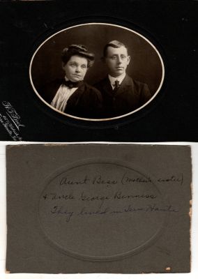 Click to view full size image
==============
George M. Benness & Elizabeth Jane Stucker Benness
This was Donated by Cheryl Webber/The Terry Girls Genealogy.
This photo mounted on board states: "Aunt Bess (Mother's sister) & Uncle George Benness. They lived in Terre Haute"
The Photographers name is "H. T. Biel", Terre Haute, Indiana
George M. Benness & Elizabeth Jane Stucker Benness
This was Donated by Cheryl Webber/The Terry Girls Genealogy.
This photo mounted on board states: "Aunt Bess (Mother's sister) & Uncle George Benness. They lived in Terre Haute"
The Photographers name is "H. T. Biel", Terre Haute, Indiana