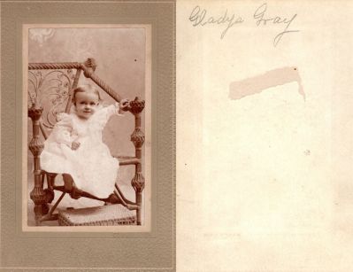 Click to view full size image
==============
Gladys Gray
This was Donated by Cheryl Webber/The Terry Girls Genealogy.
This photo mounted on board states: "Gladys Gray"
It is unknown if Copeland is the Photographer or the City in which this was taken.
Gladys Gray
This was Donated by Cheryl Webber/The Terry Girls Genealogy.
This photo mounted on board states: "Gladys Gray"
It is unknown if Copeland is the Photographer or the City in which this was taken.