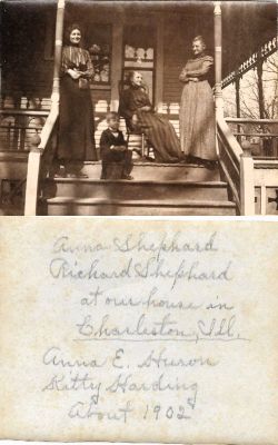 Click to view full size image
==============
Anna E. Harding Huron, Anna Shephard, Richard Shephard & Maria "Kitty" Harding
THIS HAS BEEN RETURNED TO FAMILY
This Photo States: "Anna Shephard & Richard Shephard at our house in Charlton, Illinois. Anna E. Huron & Kitty Harding, about 1902"
NOTE: Ann Eliza "Annie" Harding Married Married Eli Huron.
Anna E. Harding Huron, Anna Shephard, Richard Shephard & Maria "Kitty" Harding
THIS HAS BEEN RETURNED TO FAMILY
This Photo States: "Anna Shephard & Richard Shephard at our house in Charlton, Illinois. Anna E. Huron & Kitty Harding, about 1902"
NOTE: Ann Eliza "Annie" Harding Married Married Eli Huron.