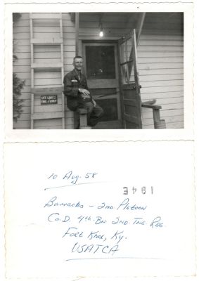 Click to view full size image
==============
Richard Moyer "Dick" LaBarre
This was Donated by Cheryl Webber/The Terry Girls Genealogy.
This Photo States: "10 August 1958. Barracks--2nd Platoon, Co. D, 4th Bn, 2nd Tng Reg. Fort Knox, KY. USATCA"
Richard Moyer "Dick" LaBarre
This was Donated by Cheryl Webber/The Terry Girls Genealogy.
This Photo States: "10 August 1958. Barracks--2nd Platoon, Co. D, 4th Bn, 2nd Tng Reg. Fort Knox, KY. USATCA"