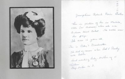 Josephine Roland Rains Martin

THIS HAS BEEN RETURNED TO FAMILY

This is a Cabinet Card Photo of Josephine Roland Rains Martin.

This photo was put into a matting and at one time was framed. The information is on the back of the matted Cabinet Card.
