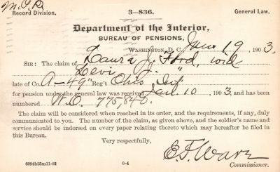 Click to view full size image
==============
Levi Jefferson Ford
THIS HAS BEEN RETURNED TO FAMILY
Pension Papers for Levi Jefferson Ford.
Levi Jefferson Ford
THIS HAS BEEN RETURNED TO FAMILY
Pension Papers for Levi Jefferson Ford.