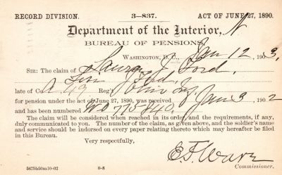 Levi Jefferson Ford

THIS HAS BEEN RETURNED TO FAMILY

Pension Papers for Levi Jefferson Ford.
