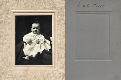 Click to view full size image
==============
Veda K. Monroe
This was Donated by Jessica Quiroz.
This photo mounted on board states: "Veda K. Monroe"
Veda K. Monroe
This was Donated by Jessica Quiroz.
This photo mounted on board states: "Veda K. Monroe"