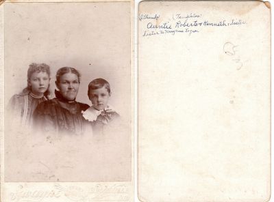 Click to view full size image
==============
Margaret Ellen Templeton Roberts, W. Kenneth Roberts & Henrietta Roberts
THIS HAS BEEN RETURNED TO FAMILY
This was Donated by Cheryl Webber/ The Terry Girls Genealogy.
This Cabinet Card Photo States: "(I think Templeton). Auntie Roberts & Kenneth & Sister. Sister to Maryann Logan"
The Photographers name is "Swayne?", Brookville, Indiana.
Margaret Ellen Templeton Roberts, W. Kenneth Roberts & Henrietta Roberts
THIS HAS BEEN RETURNED TO FAMILY
This was Donated by Cheryl Webber/ The Terry Girls Genealogy.
This Cabinet Card Photo States: "(I think Templeton). Auntie Roberts & Kenneth & Sister. Sister to Maryann Logan"
The Photographers name is "Swayne?", Brookville, Indiana.