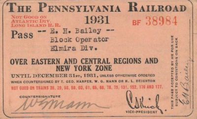 Click to view full size image
==============
E. H. Bailey
THIS HAS BEEN RETURNED TO FAMILY
This was a Pennsylvania Railroad Pass for E. H. Bailey in the year of 1931.
E. H. Bailey
THIS HAS BEEN RETURNED TO FAMILY
This was a Pennsylvania Railroad Pass for E. H. Bailey in the year of 1931.