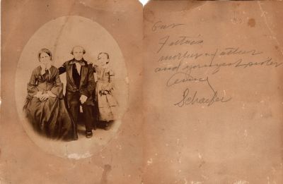 Unidentified Schaefer

This was Donated

This photo mounted on board states: "Gus Fathers mother & father & younger sister, A-----? Schaefer"
