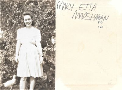Click to view full size image
==============
Mary Etta Marshman
THIS HAS BEEN RETURNED TO FAMILY
This photo states: "Mary Etta Marshman."
Mary Etta Marshman
THIS HAS BEEN RETURNED TO FAMILY
This photo states: "Mary Etta Marshman."
