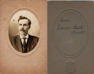 Click to view full size image
==============
Warren S. Landt
THIS HAS BEEN RETURNED TO FAMILY
This was Donated by Cheryl Webber/The Terry Girls Genealogy.
This photo mounted on board states: "Warren Landt"
The Photographers name is "Snyder", Colfax, Wisconsin
Warren S. Landt
THIS HAS BEEN RETURNED TO FAMILY
This was Donated by Cheryl Webber/The Terry Girls Genealogy.
This photo mounted on board states: "Warren Landt"
The Photographers name is "Snyder", Colfax, Wisconsin