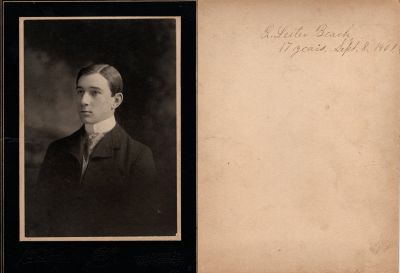 Click to view full size image
==============
Ralph Lester Beach Sr.
This was Donated by Cheryl Webber/The Terry Girls Genealogy.
This photo mounted on board states: "R. Lester Beach, 17 years, 8 September 1901"
The Photographers name is "J. H. Smith", Newark, New Jersey
Ralph Lester Beach Sr.
This was Donated by Cheryl Webber/The Terry Girls Genealogy.
This photo mounted on board states: "R. Lester Beach, 17 years, 8 September 1901"
The Photographers name is "J. H. Smith", Newark, New Jersey