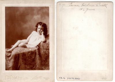 Click to view full size image
==============
Mona Helene Cowell
This was Donated by by Cheryl Webber/The Terry Girls Genealogy.
This photo mounted on board states: "Mona Helene Cowell, 3 1/2 years"
The Photographers name is "Heyn", Omaha, Nebraska.
Mona Helene Cowell
This was Donated by by Cheryl Webber/The Terry Girls Genealogy.
This photo mounted on board states: "Mona Helene Cowell, 3 1/2 years"
The Photographers name is "Heyn", Omaha, Nebraska.