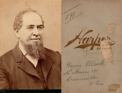 Click to view full size image
==============
Henry Black
THIS HAS BEEN RETURNED TO FAMILY
This Cabinet Card Photo States: "Henry Black, No. Main 101, Greenville, Ohio"
The Photographers name is "Harper", Greenville, Ohio.
Henry Black
THIS HAS BEEN RETURNED TO FAMILY
This Cabinet Card Photo States: "Henry Black, No. Main 101, Greenville, Ohio"
The Photographers name is "Harper", Greenville, Ohio.