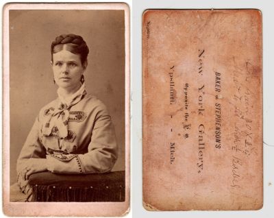 Click to view full size image
==============
Eliza J. Fuller Wilbur
This CdV Photograph states: "Eliza J. Wilbur".
(It also has some framing notes for the photographer)
The Photographers name is "Baker & Stephen's New York Gallery", Ypsilanti, Michigan
Eliza J. Fuller Wilbur
This CdV Photograph states: "Eliza J. Wilbur".
(It also has some framing notes for the photographer)
The Photographers name is "Baker & Stephen's New York Gallery", Ypsilanti, Michigan