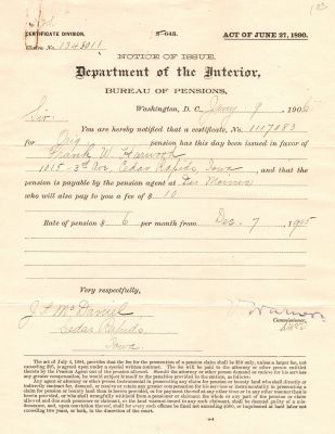 Click to view full size image
==============
Frank Warner Harwood
THIS HAS BEEN RETURNED TO FAMILY
Pension Papers for Frank Warner Harwood.
Frank Warner Harwood
THIS HAS BEEN RETURNED TO FAMILY
Pension Papers for Frank Warner Harwood.