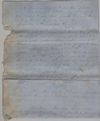 Dr. Henry Warner, Mark B. Warner, Sally Warner, Nathaniel Marsh, Daniel Inman Esq. & others

THIS HAS BEEN DONATED TO THE MEDINA COUNTY HISTORICAL SOCIETY/JOHN SMART HOUSE MUSEUM.

This Document is over 170 years old! It is very fragile. I am only scanning a page of it. (and the page is folded)

These are the depositions of witnesses by Dr. Henry Warner, Mark B. Warner, Sally Warner, Nathaniel Marsh & others done in November 1854 by Daniel Inman, Esq. of Spencer, Medina County, Ohio for the case of Hubbard Colby VS. James Campbell

