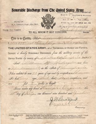 Click to view full size image
==============
William K. Snyder
This was Donated by Cheryl Webber/The Terry Girls Genealogy.
World War I U. S. Army Discharge Papers for William K. Snyder of Hendersonville, Pennsylvania.
Discharged 11 July 1919 at Camp Lee, Virginia. Serviced in France 2 October 1918 to 15 June 1919
William K. Snyder
This was Donated by Cheryl Webber/The Terry Girls Genealogy.
World War I U. S. Army Discharge Papers for William K. Snyder of Hendersonville, Pennsylvania.
Discharged 11 July 1919 at Camp Lee, Virginia. Serviced in France 2 October 1918 to 15 June 1919