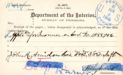 John Rickert Amidon

THIS HAS BEEN RETURNED TO FAMILY

Pension Papers for John Rickert Amidon.
