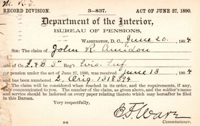 John Rickert Amidon

THIS HAS BEEN RETURNED TO FAMILY

Pension Papers for John Rickert Amidon.
