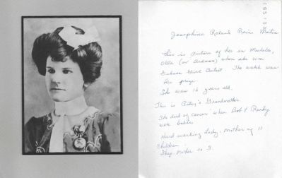 Click to view full size image
==============
Josephine Eleanor "Josie" Roland Rains Martin
THIS HAS BEEN RETURNED TO FAMILY
This photo mounted on board is of Josephine Eleanor "Josie" Roland Rains Martin.
See more information on the back of the photo mounted on board.
Josephine Eleanor "Josie" Roland Rains Martin
THIS HAS BEEN RETURNED TO FAMILY
This photo mounted on board is of Josephine Eleanor "Josie" Roland Rains Martin.
See more information on the back of the photo mounted on board.