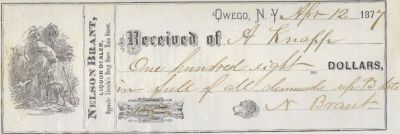 Click to view full size image
==============
Nelson Brant, Liquor Dealer, Oswego, New York
THIS ITEM HAS BEEN RETURNED TO FAMILY
This is for Nelson Brant, Liquor Dealer in Oswego, New York, USA. The Date of the Receipt is for 12 April 1877.
Nelson Brant's place of business was opposite Lincoln's Drug Store on Main Street.
Nelson Brant, Liquor Dealer, Oswego, New York
THIS ITEM HAS BEEN RETURNED TO FAMILY
This is for Nelson Brant, Liquor Dealer in Oswego, New York, USA. The Date of the Receipt is for 12 April 1877.
Nelson Brant's place of business was opposite Lincoln's Drug Store on Main Street.