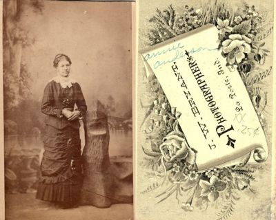 Click to view full size image
==============
Annie Anderson
This was Donated by Cheryl Webber/The Terry Girls Genealogy.
This CdV Photograph states: "Annie Anderson"
The Photographers name is "J. W. Bryant", La Porte, Indiana.
Annie Anderson
This was Donated by Cheryl Webber/The Terry Girls Genealogy.
This CdV Photograph states: "Annie Anderson"
The Photographers name is "J. W. Bryant", La Porte, Indiana.