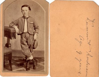 Click to view full size image
==============
Dumont S. Anderson
This was Donated by Cheryl Webber/The Terry Girls Genealogy.
This CdV Photograph states: "Dumont Anderson, Age 9 years
Dumont S. Anderson
This was Donated by Cheryl Webber/The Terry Girls Genealogy.
This CdV Photograph states: "Dumont Anderson, Age 9 years