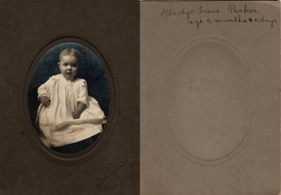 Click to view full size image
==============
Gladys Irene Parker
This photo mounted on board states: "Gladys Irene Parker, age 6 months, 6 days"
The Photographers name is "Stouts Studio", Paxton, Illinois.
Gladys Irene Parker
This photo mounted on board states: "Gladys Irene Parker, age 6 months, 6 days"
The Photographers name is "Stouts Studio", Paxton, Illinois.