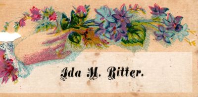 Click to view full size image
==============
Ida M. Ritter
THIS HAS BEEN DONATED TO THE SPECIAL COLLECTIONS DEPARTMENT OF THE UNIVERSITY OF WASHINGTON
This was Donated by by Cheryl Webber/The Terry Girls Genealogy
This Victoria Calling Card states: "Ida M. Ritter"
Ida M. Ritter
THIS HAS BEEN DONATED TO THE SPECIAL COLLECTIONS DEPARTMENT OF THE UNIVERSITY OF WASHINGTON
This was Donated by by Cheryl Webber/The Terry Girls Genealogy
This Victoria Calling Card states: "Ida M. Ritter"