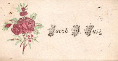 Jacob S. Au

THIS HAS BEEN DONATED TO THE SPECIAL COLLECTIONS DEPARTMENT OF THE UNIVERSITY OF WASHINGTON

This was Donated by Cheryl Webber/The Terry Girls Genealogy

This Victoria Calling Card states: "Jacob S. Au"
